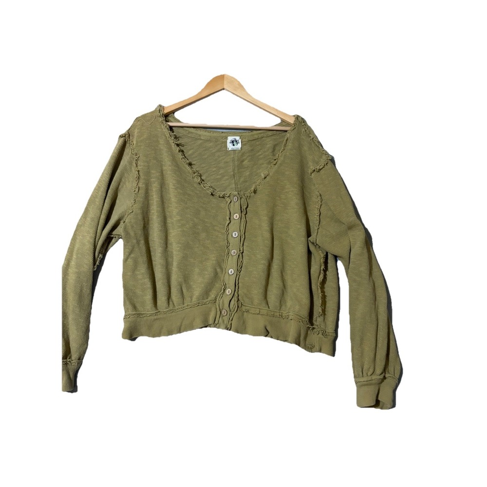 We The Free People Long Sleeve Top Size Large Love Valley Scoop Neck Olive Green